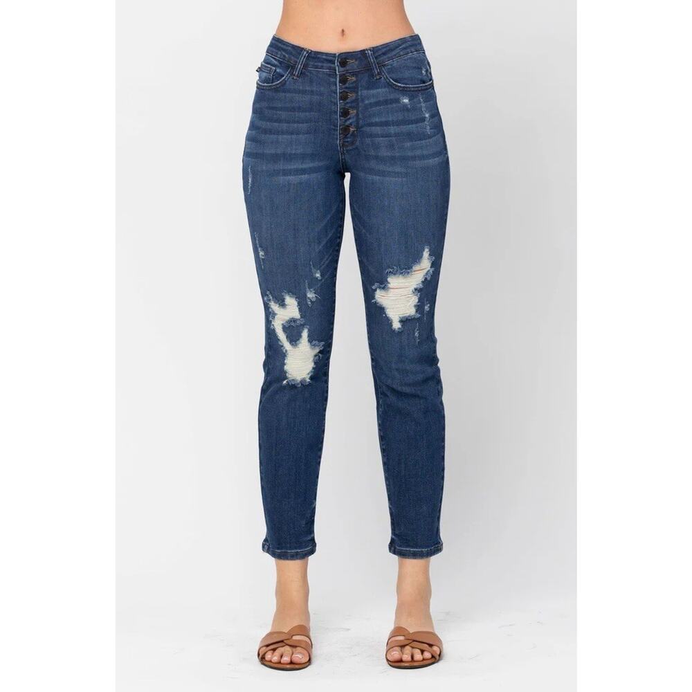 Judy Blue Women's Blue High Waisted ZigZag Button‎ Fly & Destroy BF Jeans 5/27